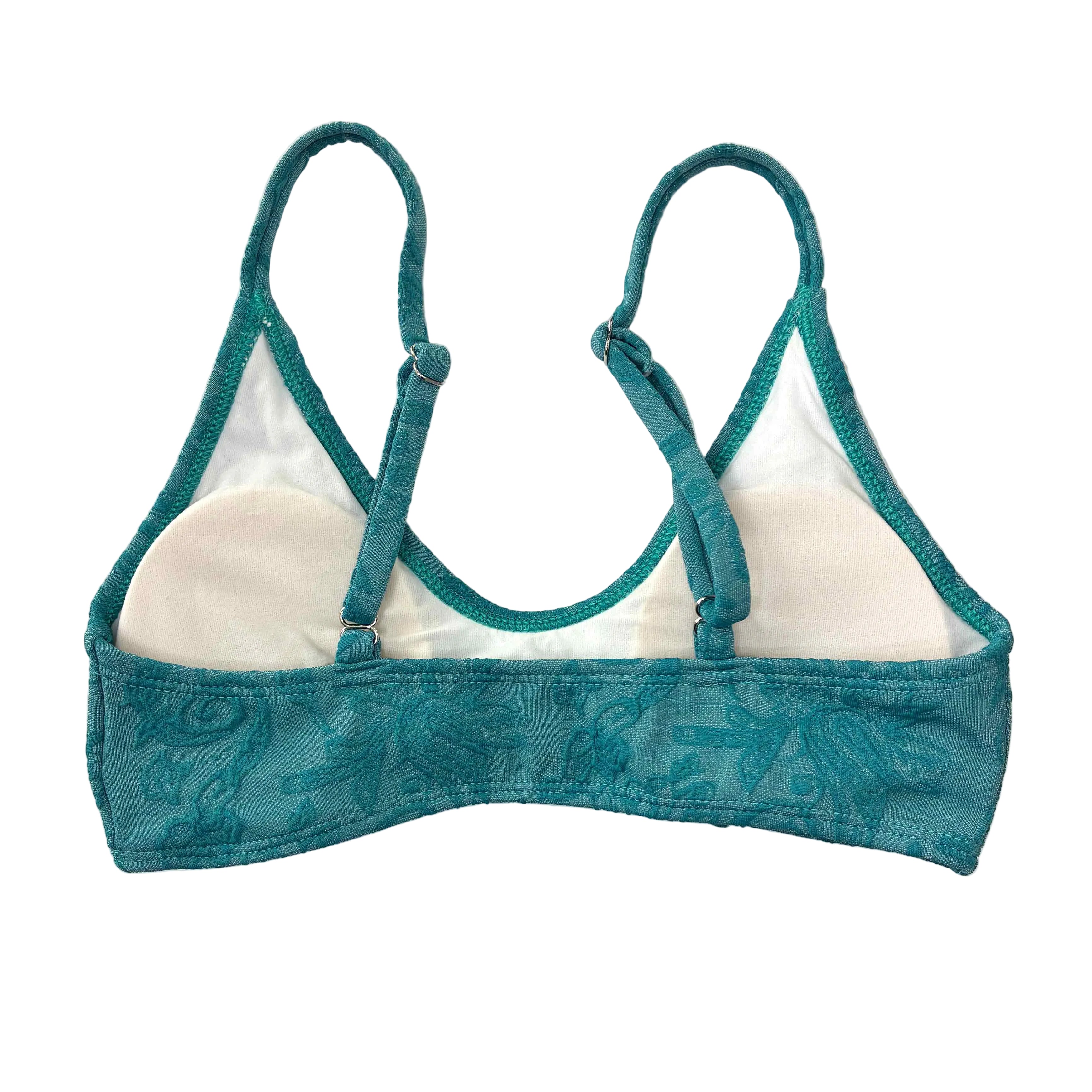 Parte de atrás de bikini artesanal en color verde botella con tejido adamascado estilo camiseta.