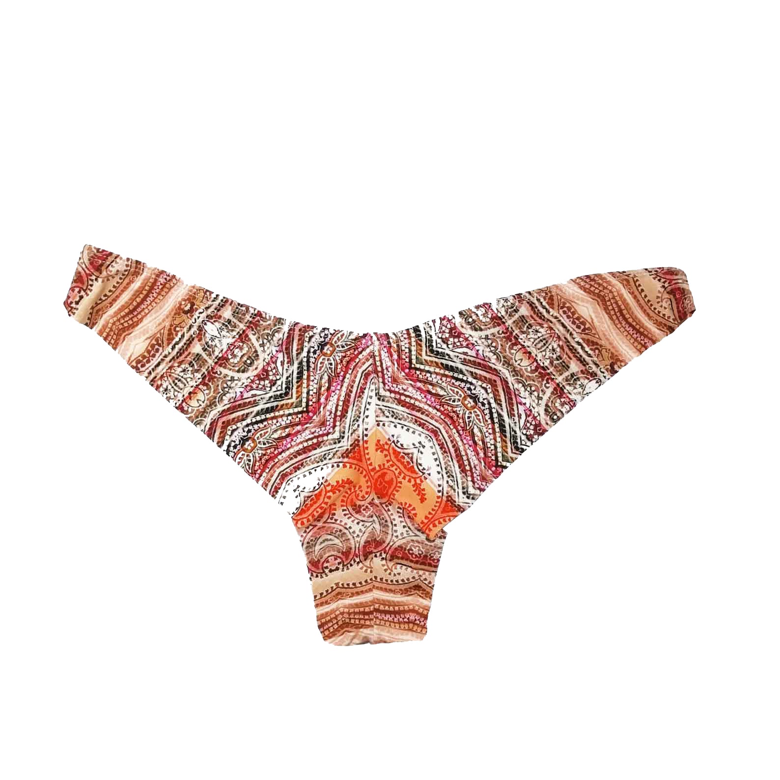 Trasero de braga de bikini estilo semitanga entera con estampado étnico de cachemire en tonos marrón, naranja y rojizo, hecha en Tarifa.