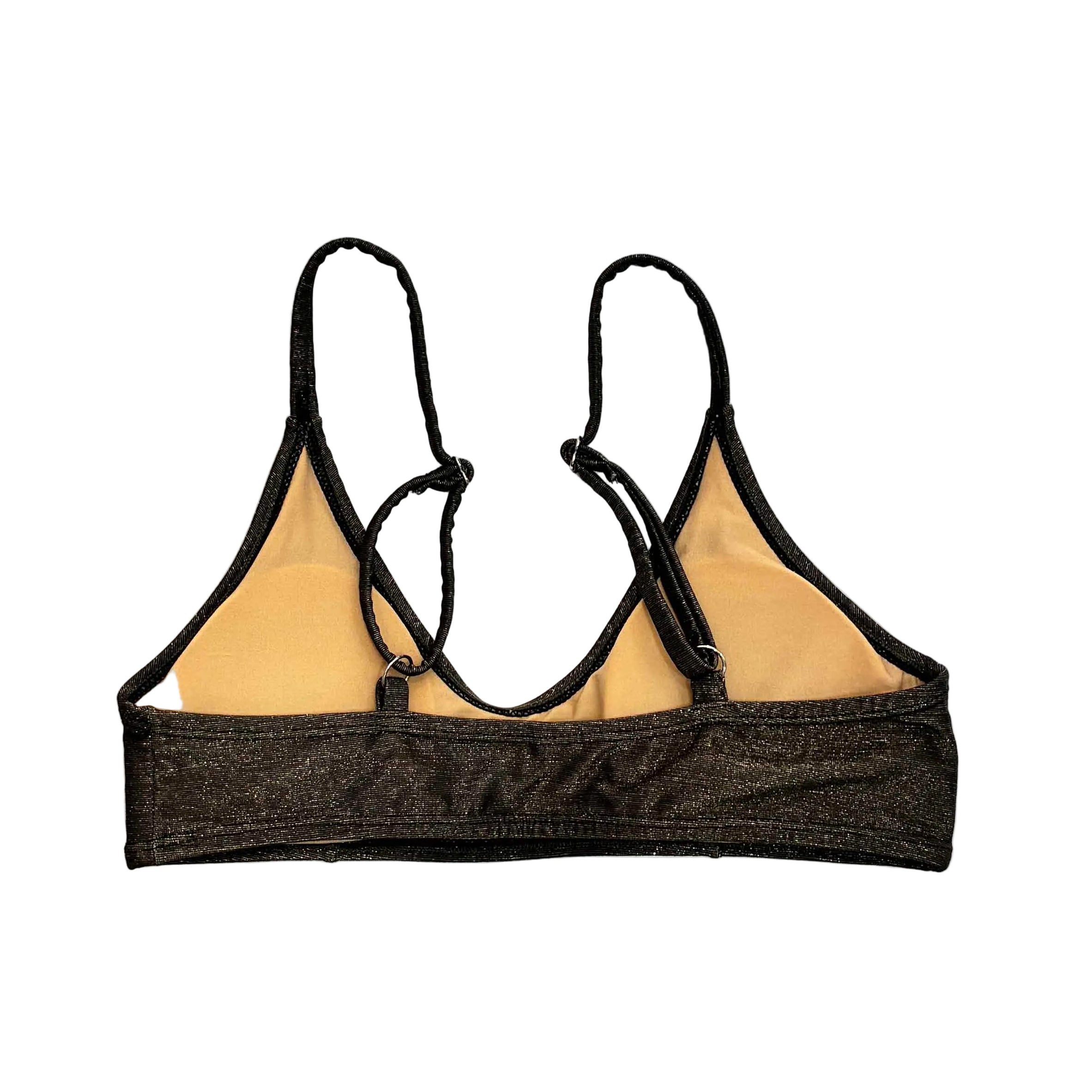 Parte de atrás de top de bikini artesanal en color bronce brillante con tirantes regulables y diseño sin cierres.